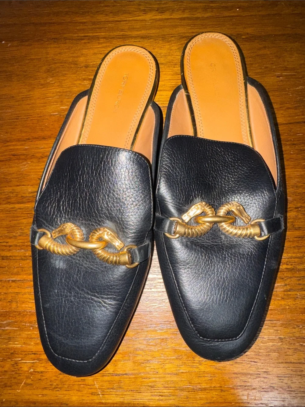 Tory Burch Jessa Black Leather Slip-On Loafers with Gold Chain Accent